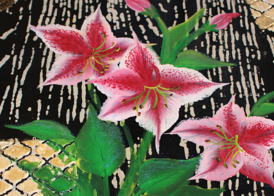 Learn to paint: Bright pink Azaleas over a mixed media background